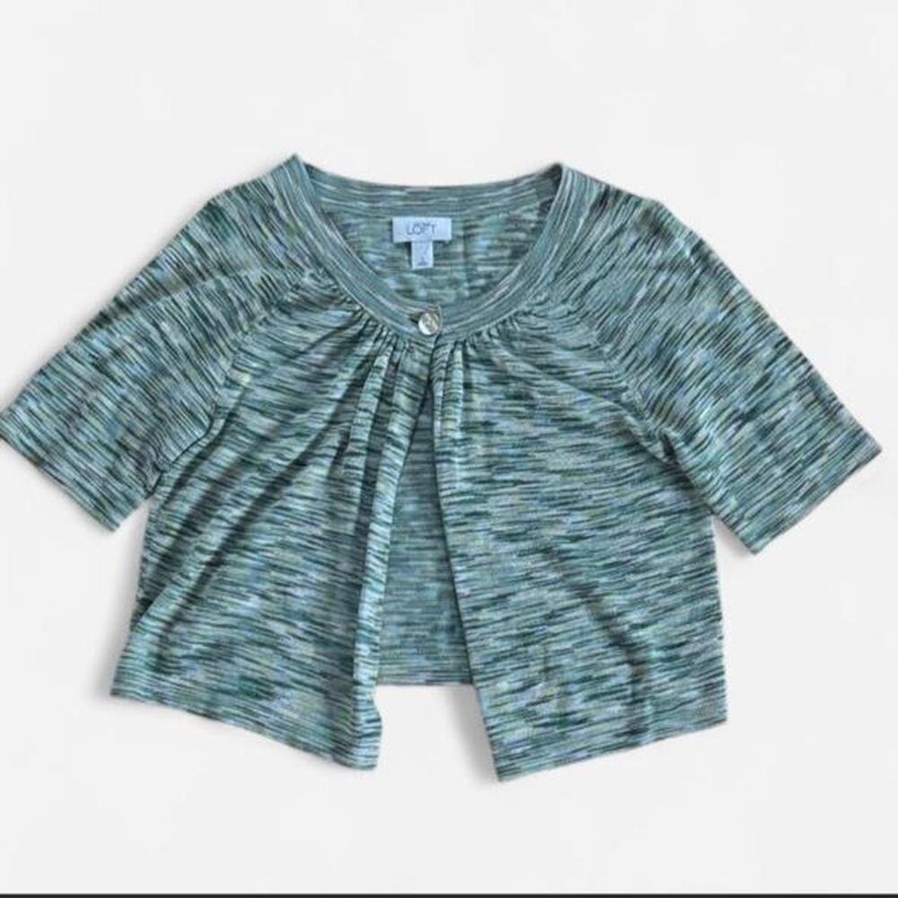LOFT Cropped Short Sleeve sweater with Top Button Green and Blue Space Dye